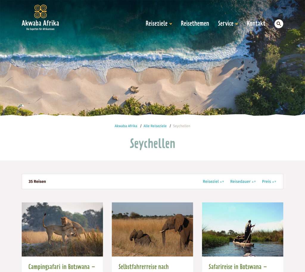 Screenshot der Website des Afrika-Reiseanbieters Akwaba Afrika